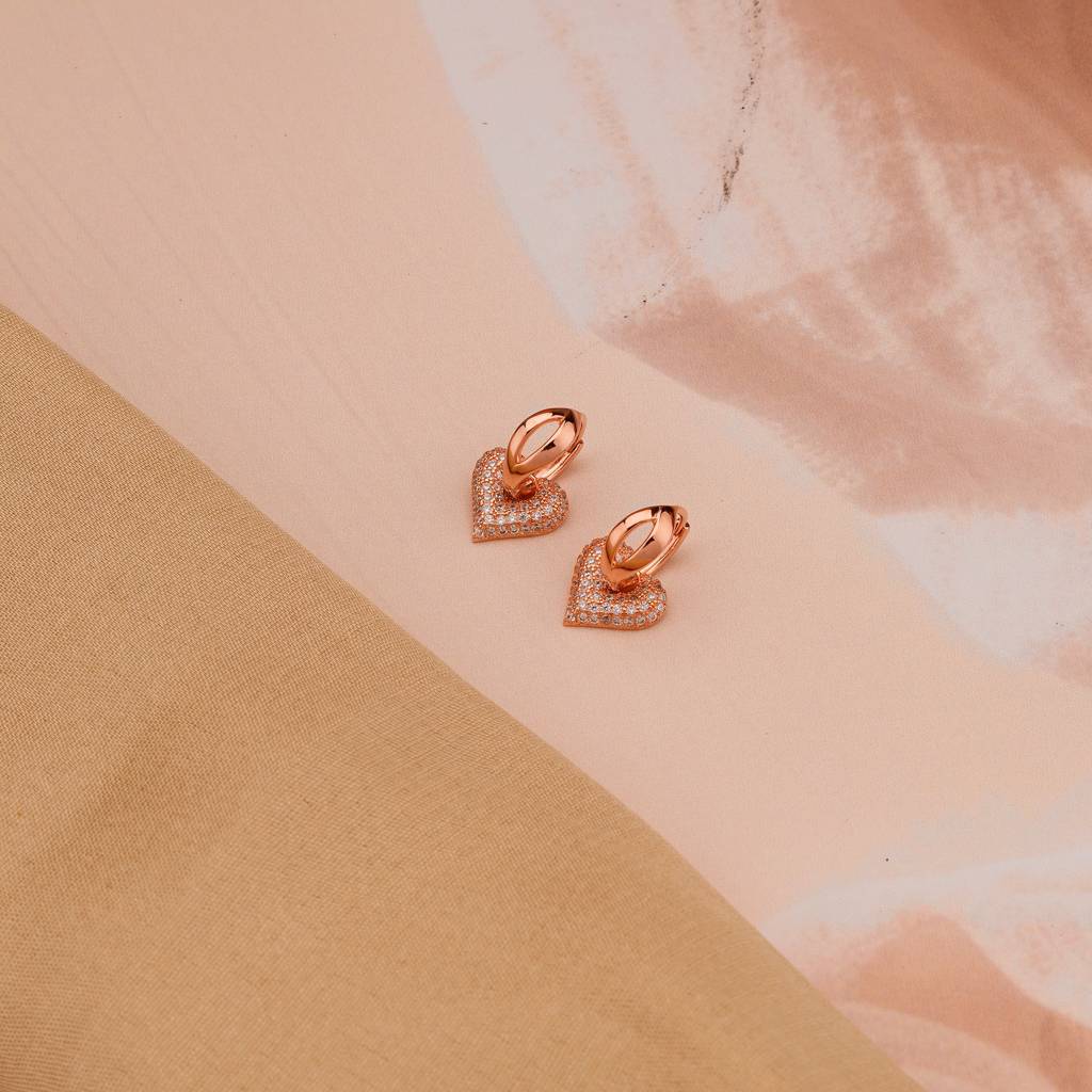 925 Sterling Silver Pave Heart Charm Huggie Earrings Rose Gold Plated Jewellery : AG06858029