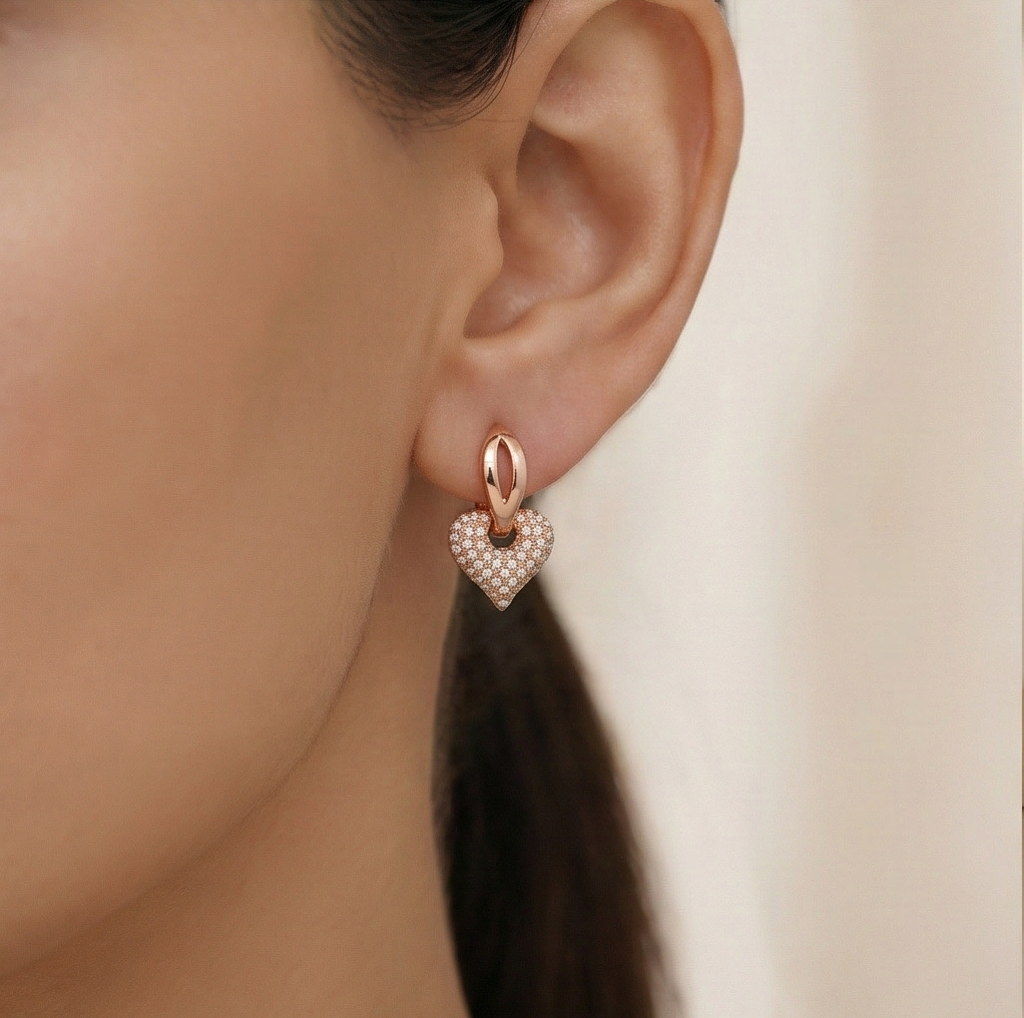 925 Sterling Silver Pave Heart Charm Huggie Earrings Rose Gold Plated Jewellery : AG06858029