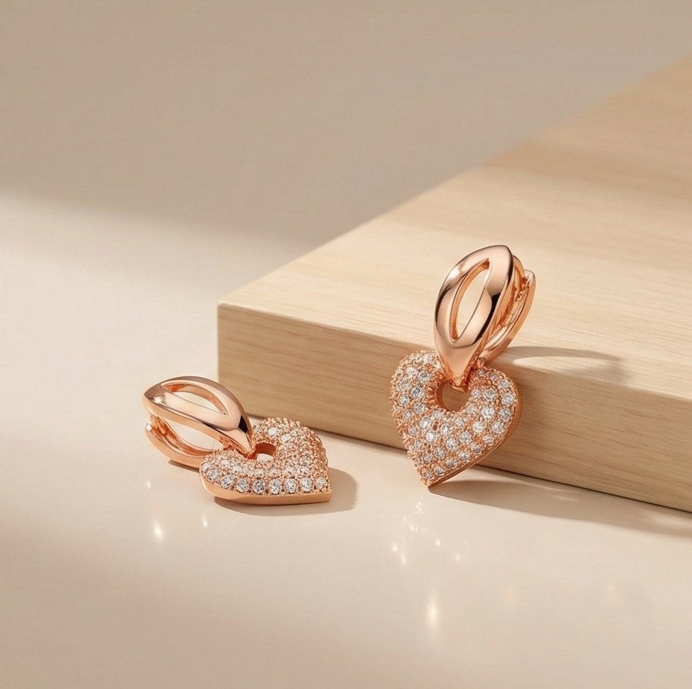 925 Sterling Silver Pave Heart Charm Huggie Earrings Rose Gold Plated Jewellery : AG06858029
