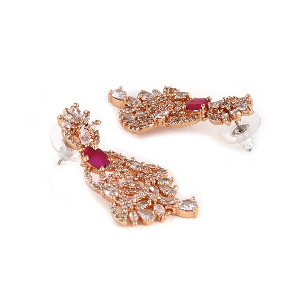 Estele Rose Gold Plated Cz Ornamented Necklace Set With Red Colored Stones For Women : AD-645-RGNKER