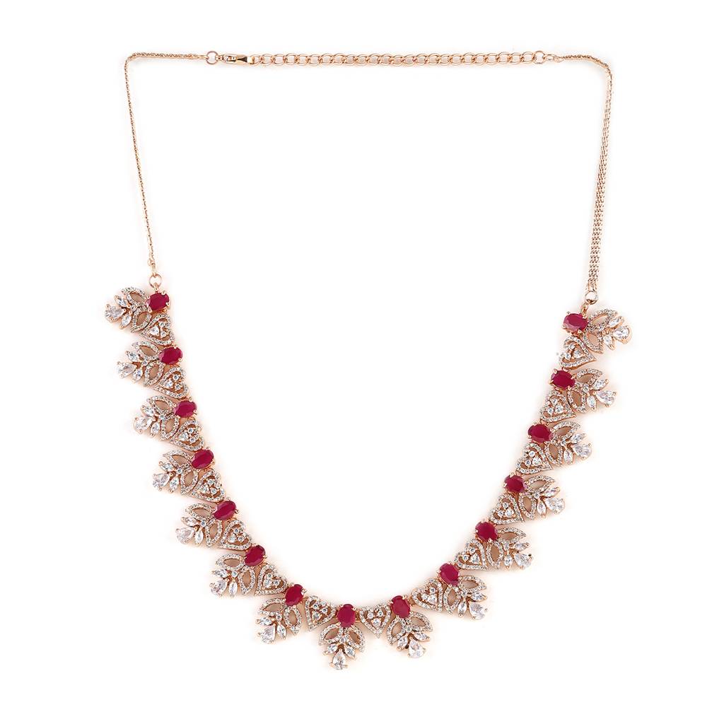 Estele Rose Gold Plated Cz Ornamented Necklace Set With Red Colored Stones For Women : AD-645-RGNKER