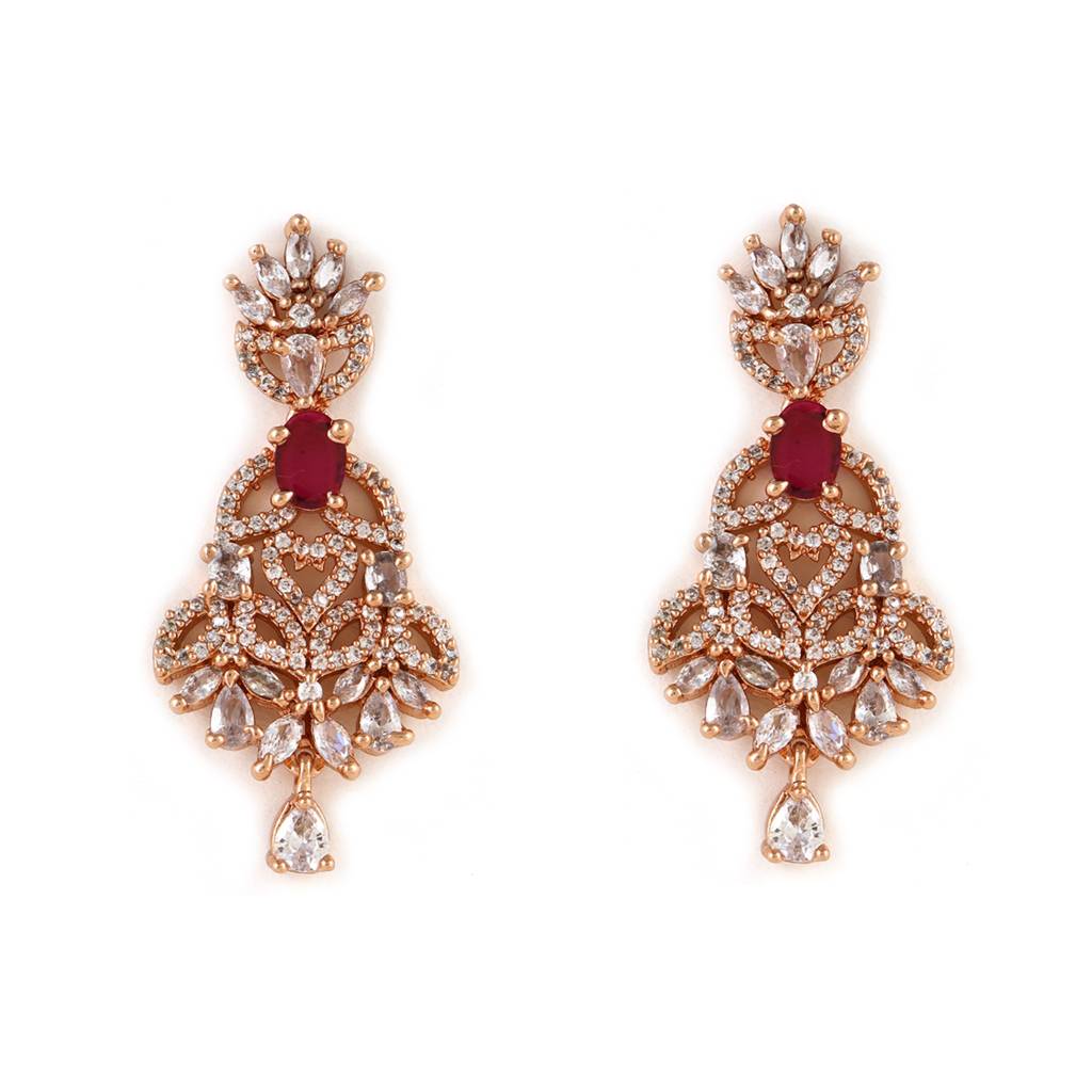 Estele Rose Gold Plated Cz Ornamented Necklace Set With Red Colored Stones For Women : AD-645-RGNKER