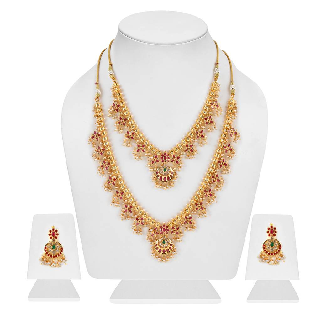 Estele Gold Plated Cz Double Layered Machilipatnam Bridal Necklace Set Combo For Women : AD-554-IGNKER