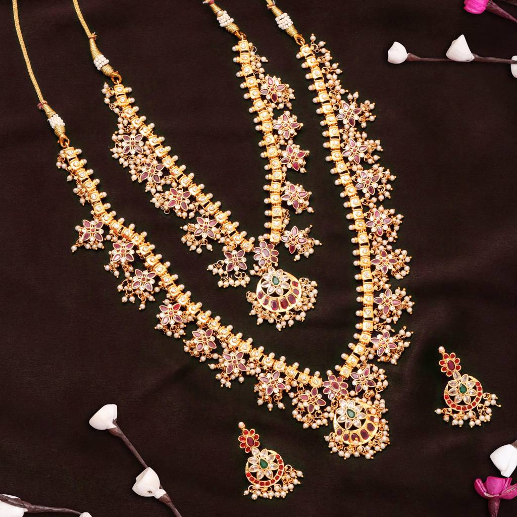 Estele Gold Plated Cz Double Layered Machilipatnam Bridal Necklace Set Combo For Women : AD-554-IGNKER
