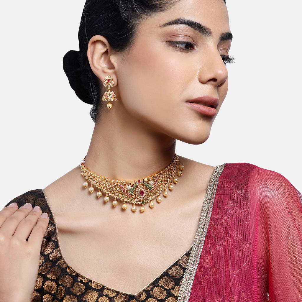 Estele Gold Plated Cz Peacock Designer Bridal Choker Necklace Set With Pearls For Women (Set Of 2) : AD-545-IGNKER