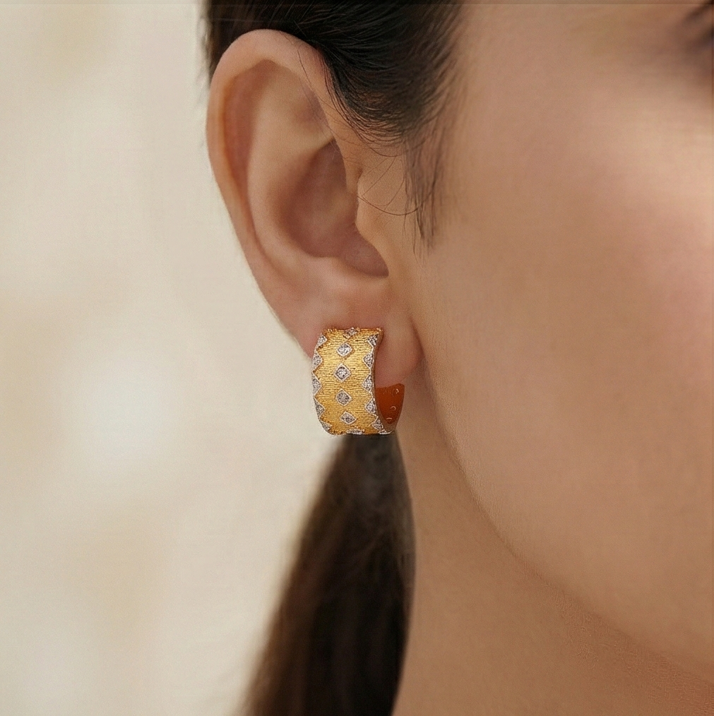 925 Sterling Silver Geometric Pattern Hoop Earrings Gold Plated Textured Jewellery : AG06991034