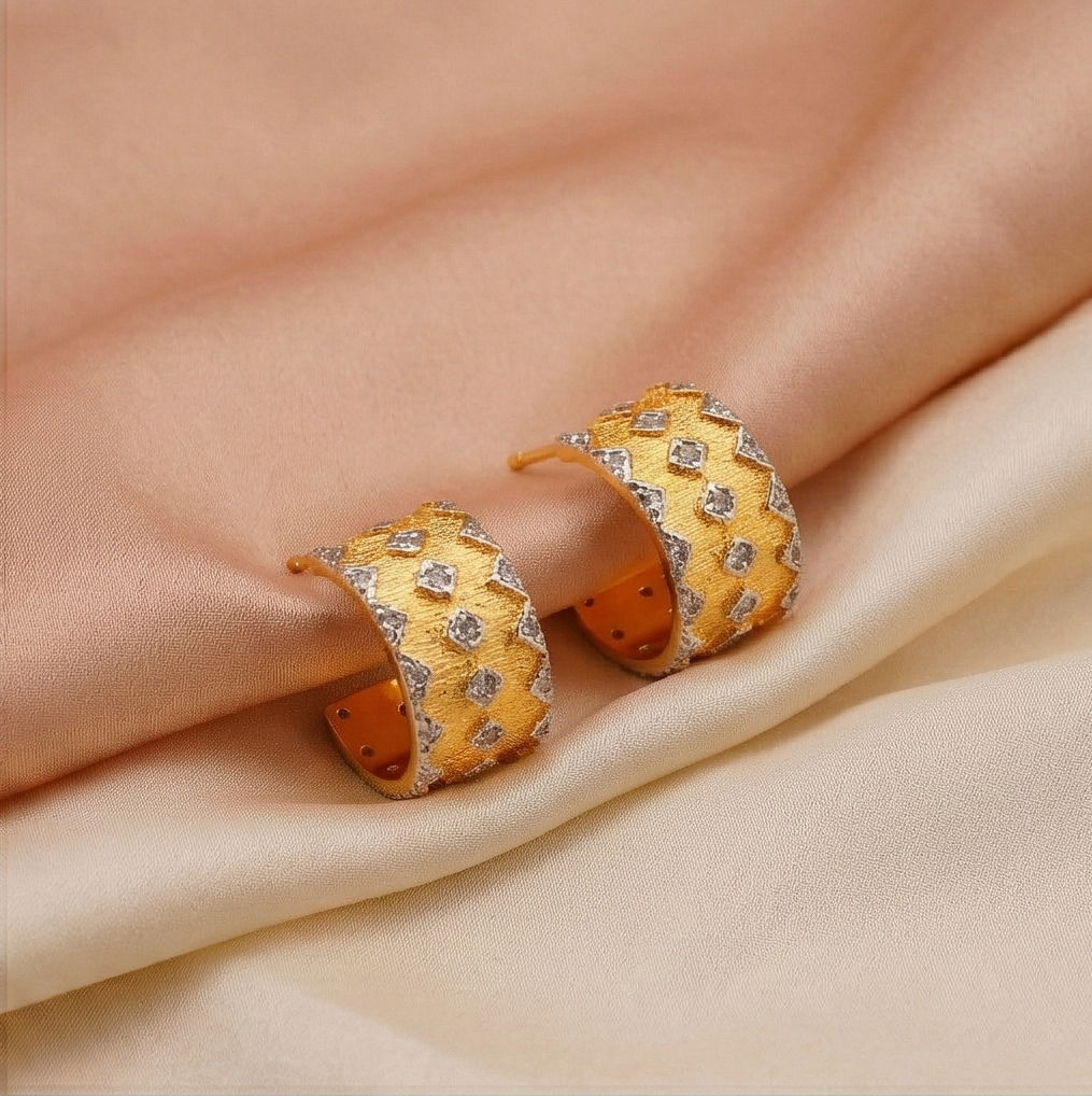 925 Sterling Silver Geometric Pattern Hoop Earrings Gold Plated Textured Jewellery : AG06991034