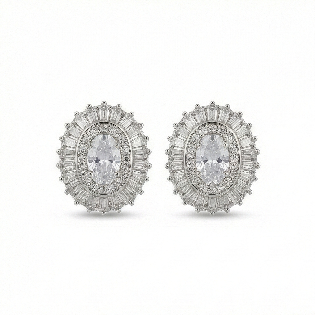 925 Sterling Silver Oval Halo Stud Earrings, Rhodium Plated Statement Jewellery For Women : AG06827036