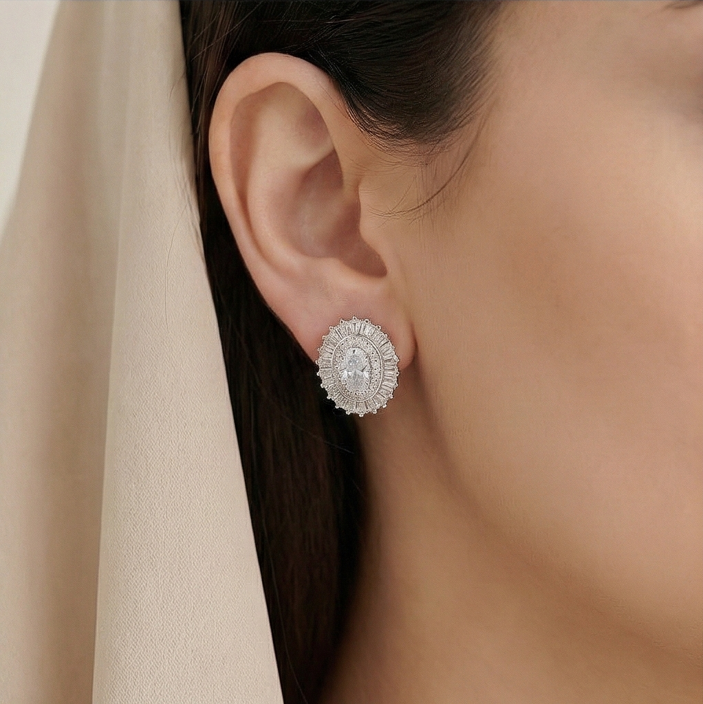 925 Sterling Silver Oval Halo Stud Earrings, Rhodium Plated Statement Jewellery For Women : AG06827036