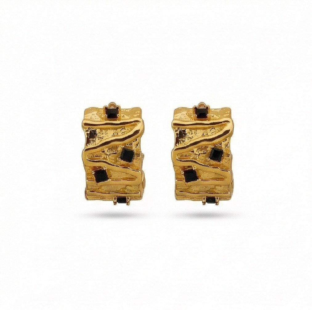 925 Sterling Silver Organic Texture Huggie Earrings Gold Plated With Black Accents Jewellery : AG07165037