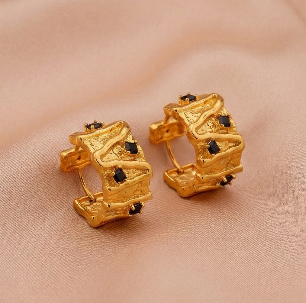 925 Sterling Silver Organic Texture Huggie Earrings Gold Plated With Black Accents Jewellery : AG07165037