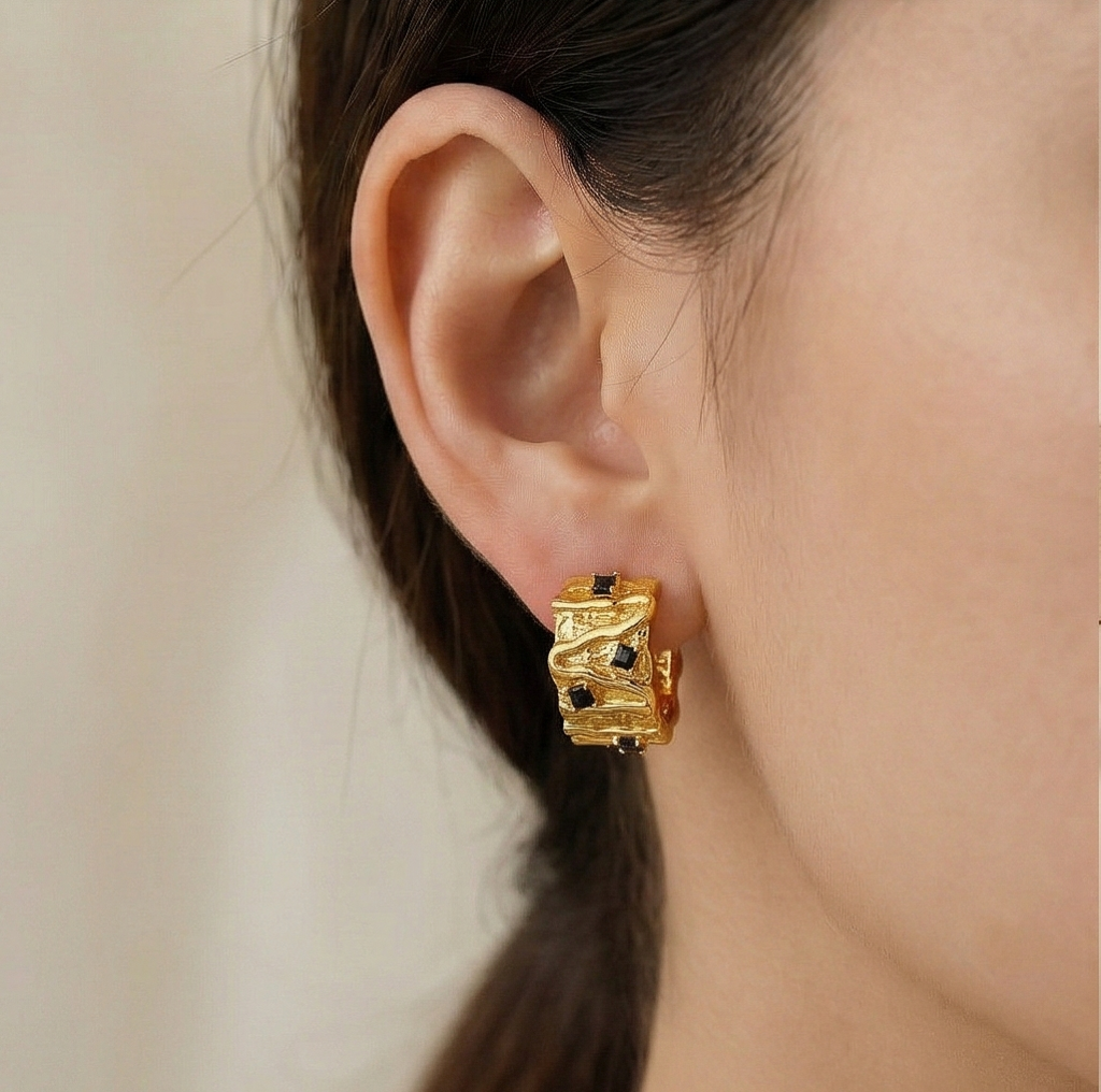 925 Sterling Silver Organic Texture Huggie Earrings Gold Plated With Black Accents Jewellery : AG07165037
