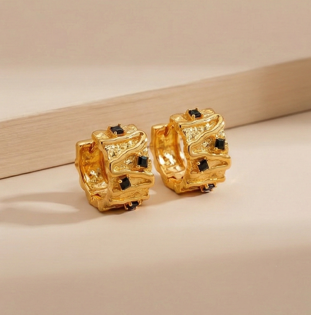 925 Sterling Silver Organic Texture Huggie Earrings Gold Plated With Black Accents Jewellery : AG07165037