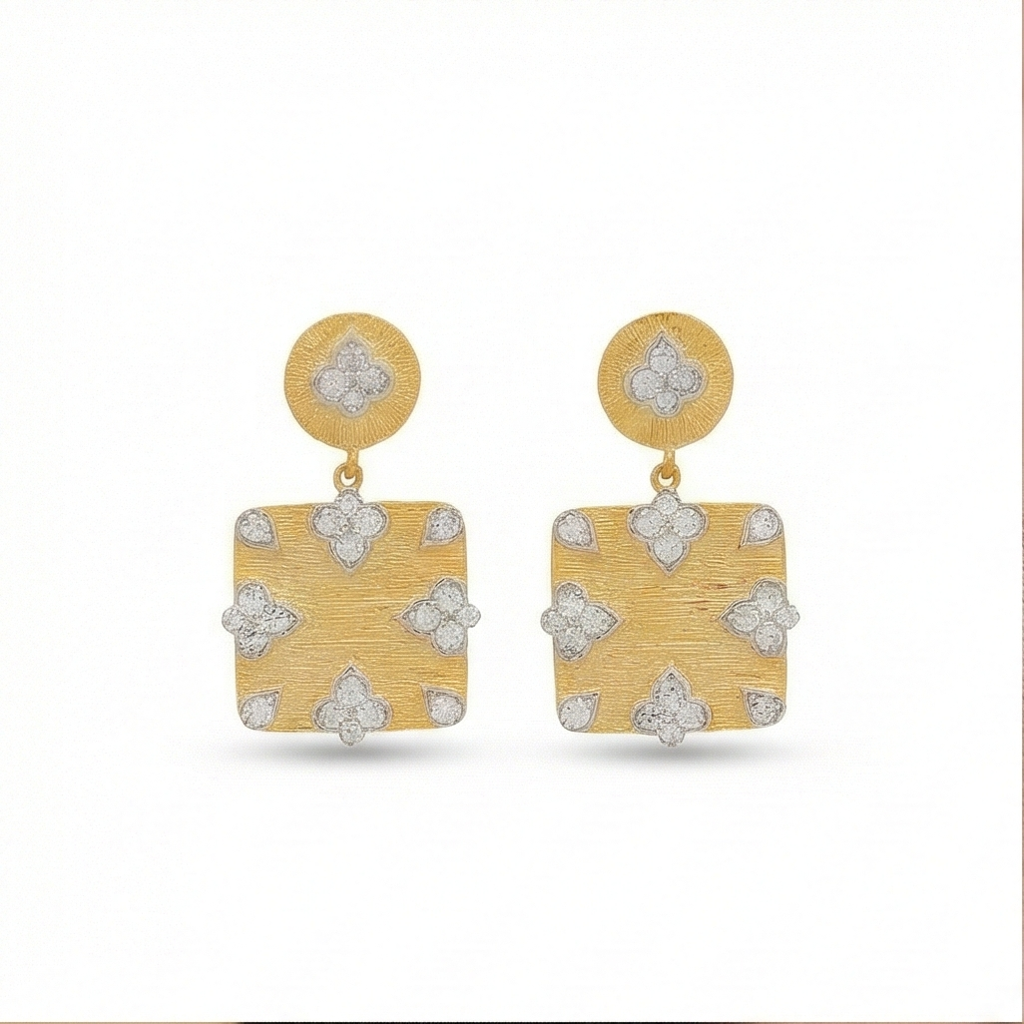 925 Sterling Silver Square Drop Earrings Gold Plated Floral Motif Jewellery : AG06958040