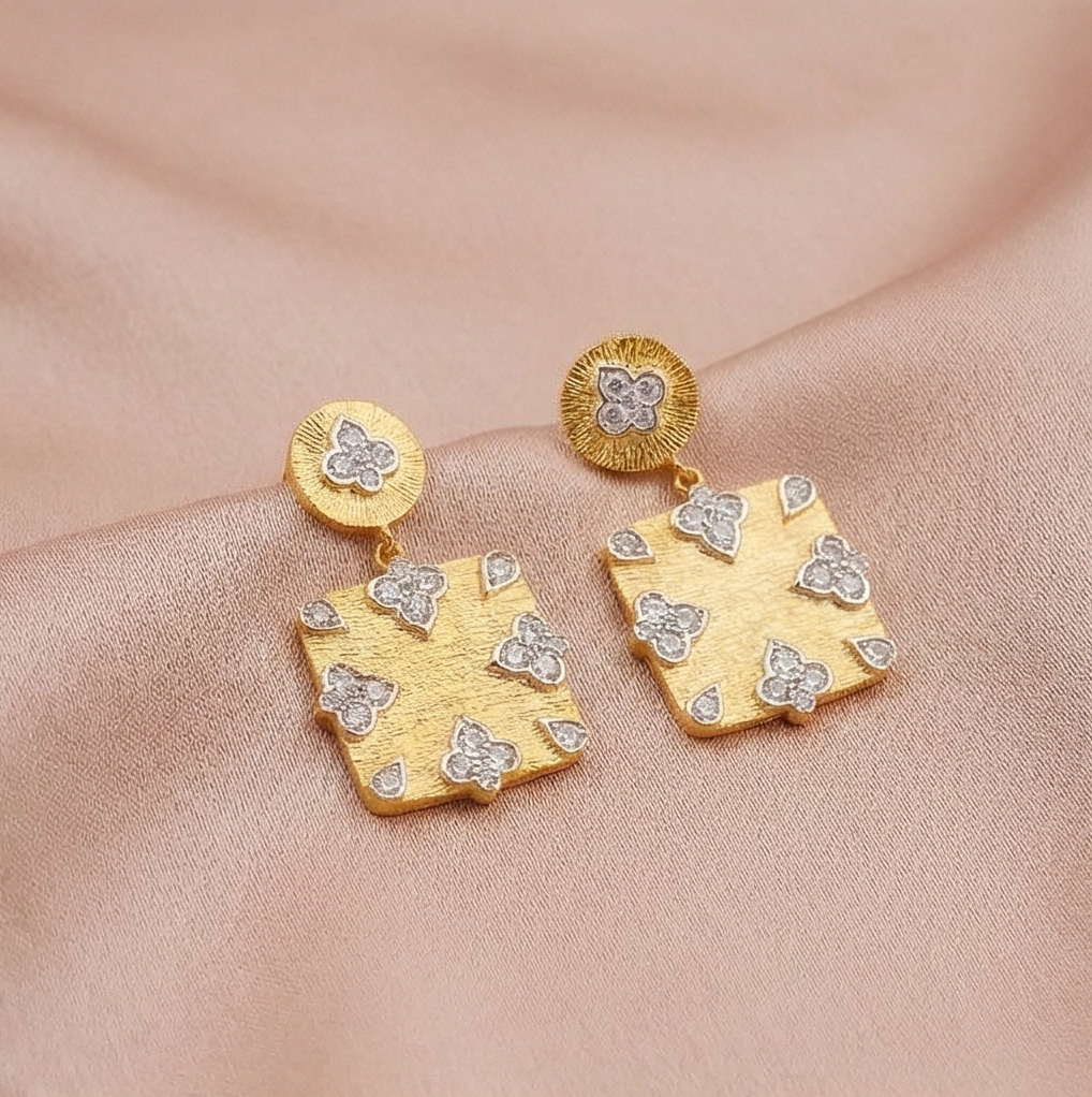 925 Sterling Silver Square Drop Earrings Gold Plated Floral Motif Jewellery : AG06958040