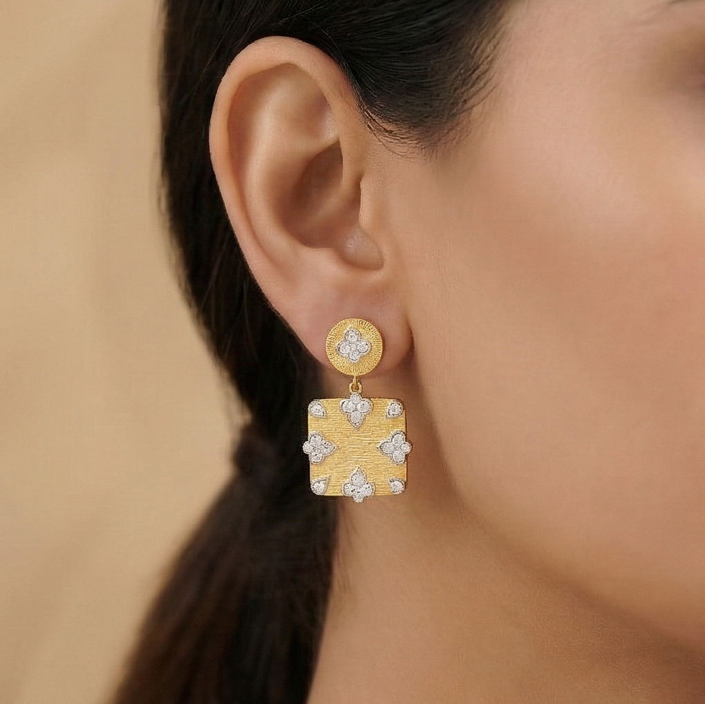 925 Sterling Silver Square Drop Earrings Gold Plated Floral Motif Jewellery : AG06958040