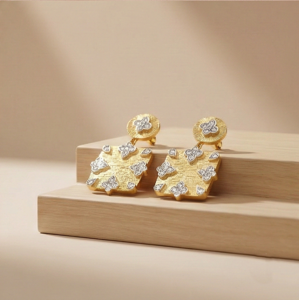 925 Sterling Silver Square Drop Earrings Gold Plated Floral Motif Jewellery : AG06958040