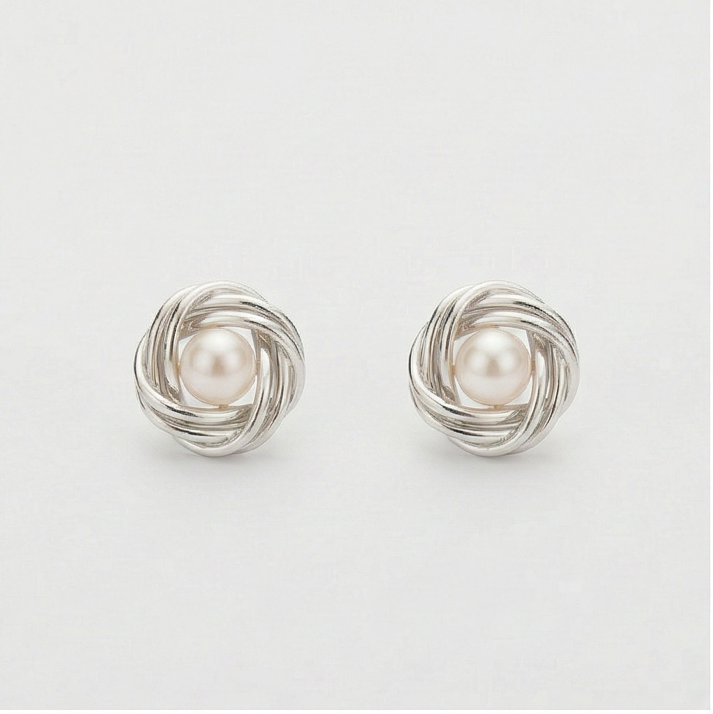 925 Sterling Silver Love Knot Pearl Stud Earrings High Polish Jewellery For Women : AG07155044