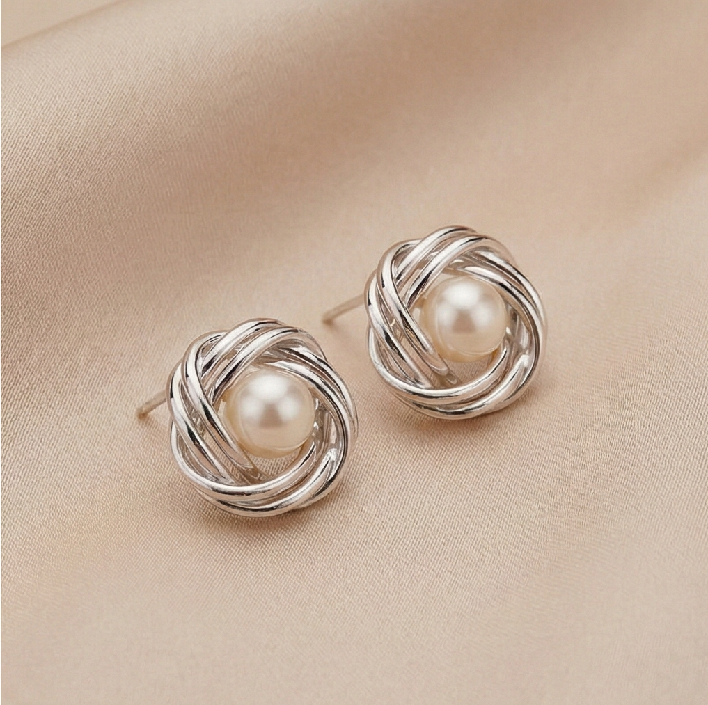 925 Sterling Silver Love Knot Pearl Stud Earrings High Polish Jewellery For Women : AG07155044