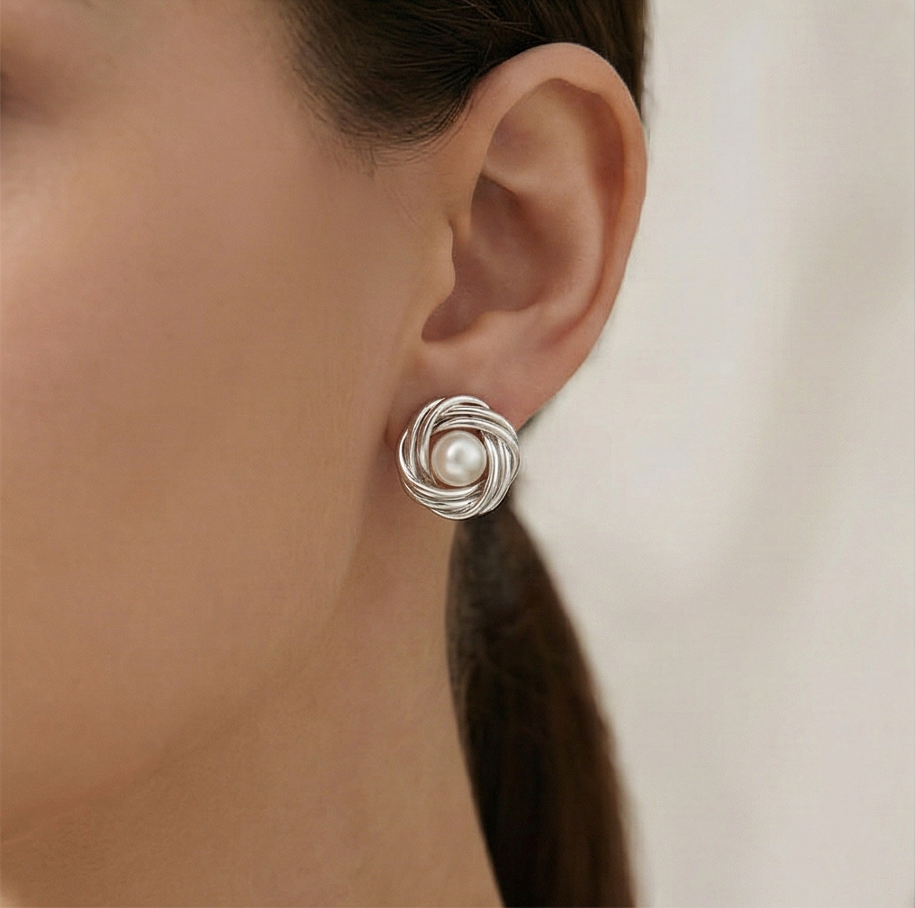925 Sterling Silver Love Knot Pearl Stud Earrings High Polish Jewellery For Women : AG07155044