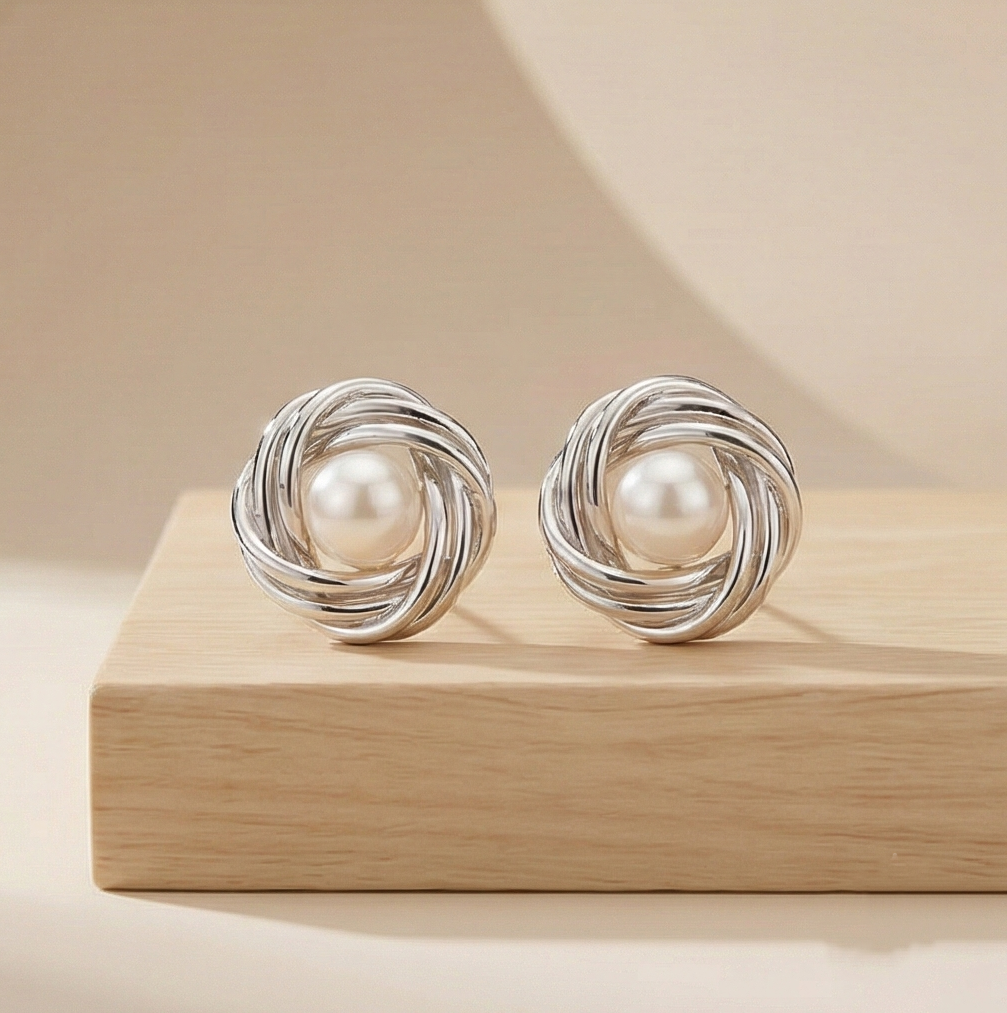 925 Sterling Silver Love Knot Pearl Stud Earrings High Polish Jewellery For Women : AG07155044