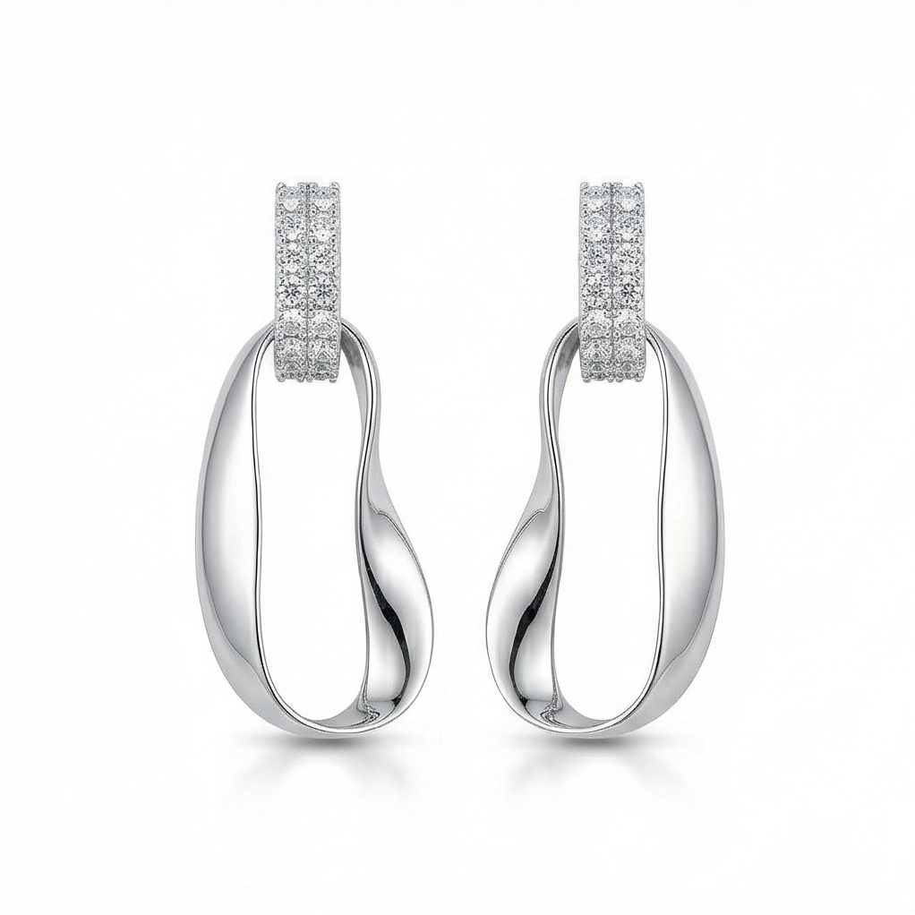 925 Sterling Silver Abstract Oval Drop Earrings High Polish Contemporary Jewellery : AG06947045