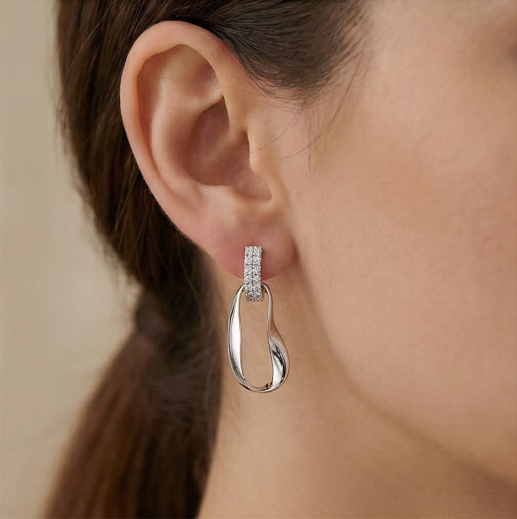 925 Sterling Silver Abstract Oval Drop Earrings High Polish Contemporary Jewellery : AG06947045