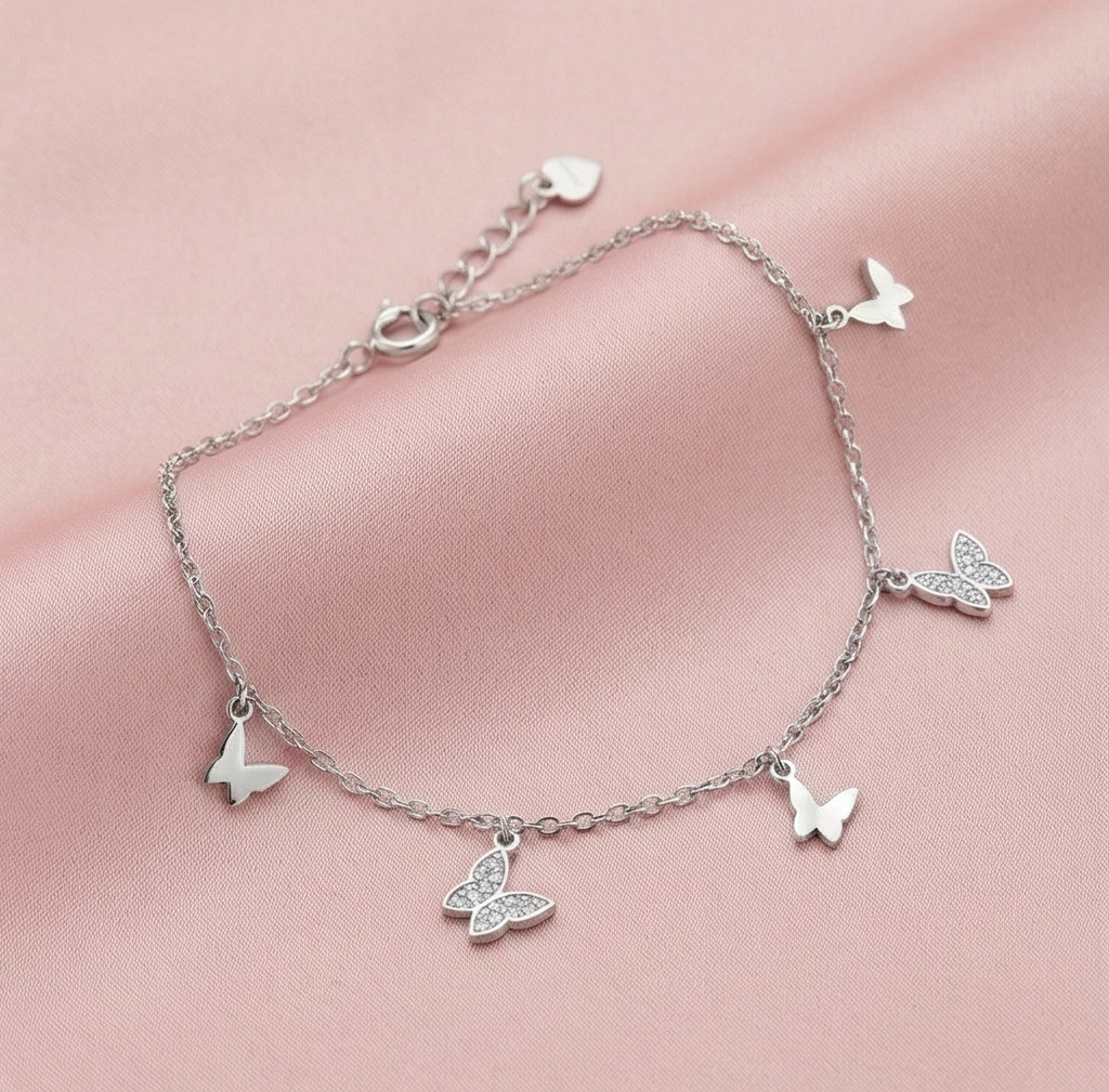 925 Sterling Silver Butterfly Charm Bracelet For Women, High Polish Silver Finish Fashion Jewellery : AG06746046