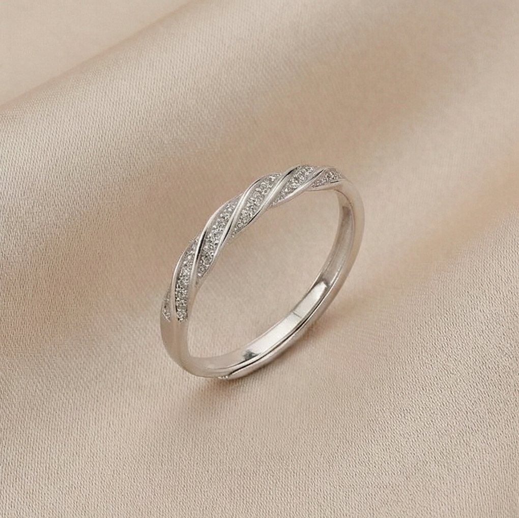925 Sterling Silver Twist Band Ring Adjustable Pave Setting Minimalist Jewellery : AGR550050