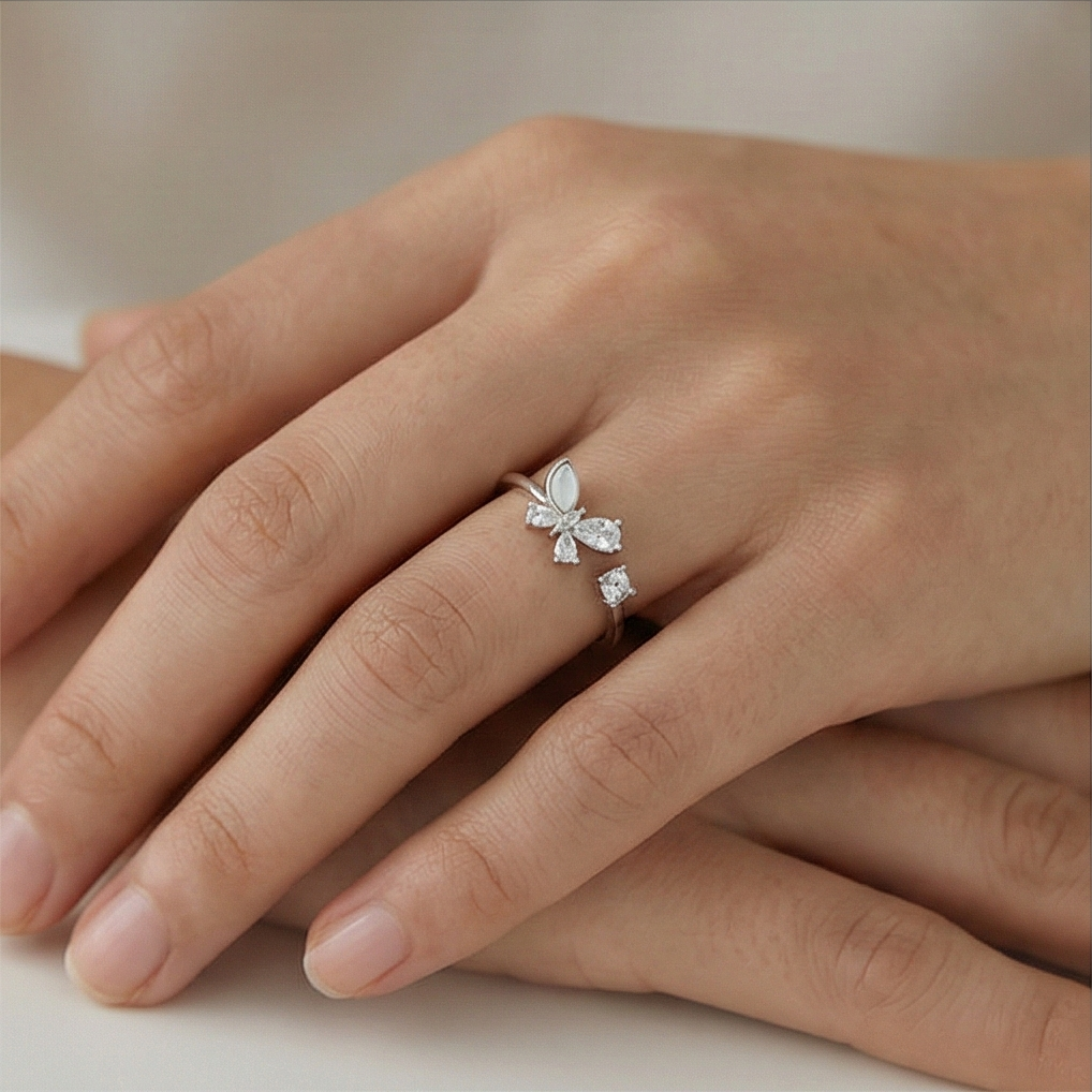 925 Sterling Silver Butterfly Open Ring Adjustable Crystal & Pearlescent Jewellery : AGR550051