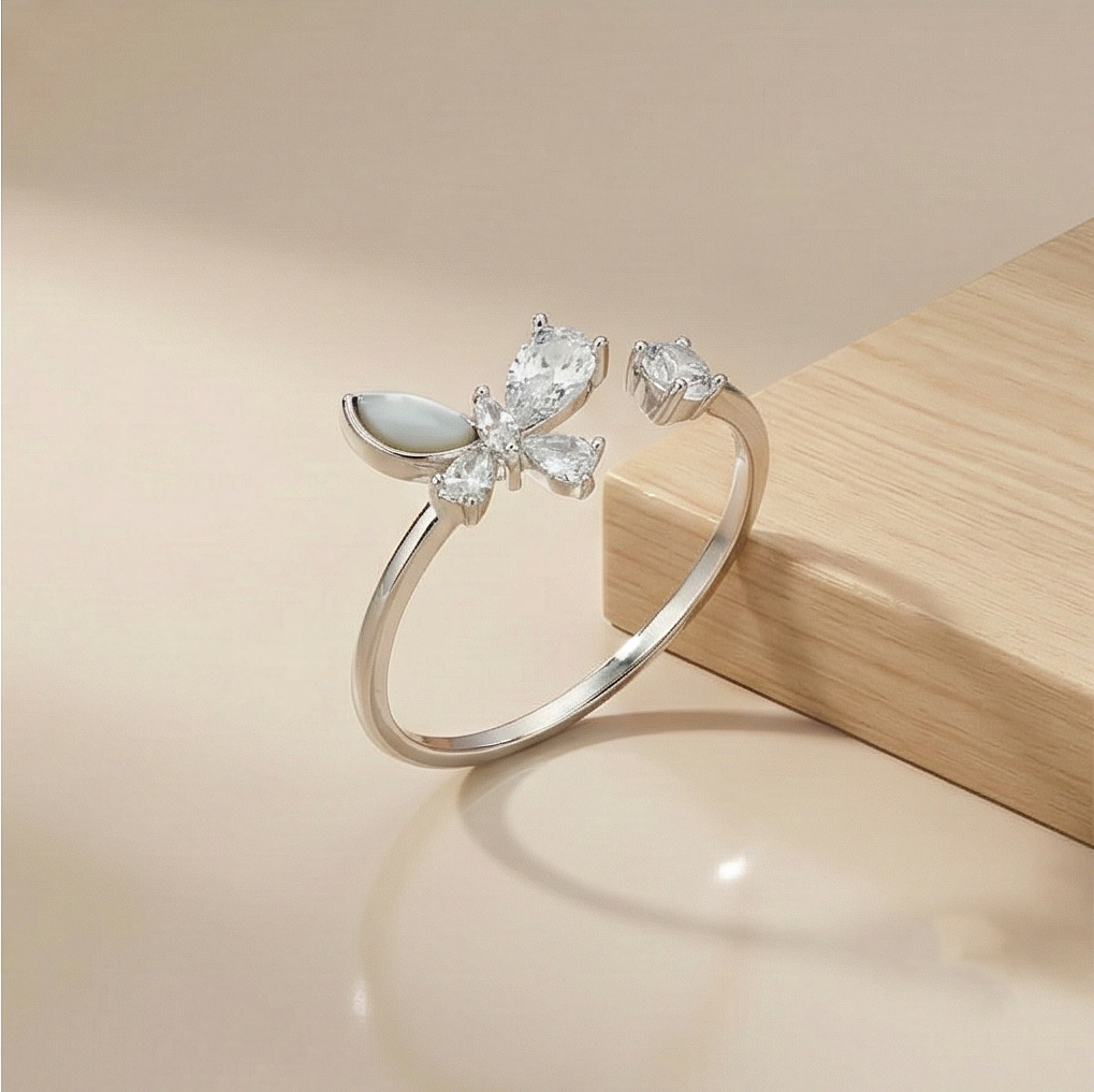 925 Sterling Silver Butterfly Open Ring Adjustable Crystal & Pearlescent Jewellery : AGR550051