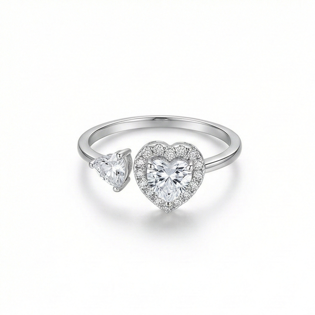 925 Sterling Silver Double Heart Open Ring Adjustable Halo Toi Et Moi Jewellery : AGR550052