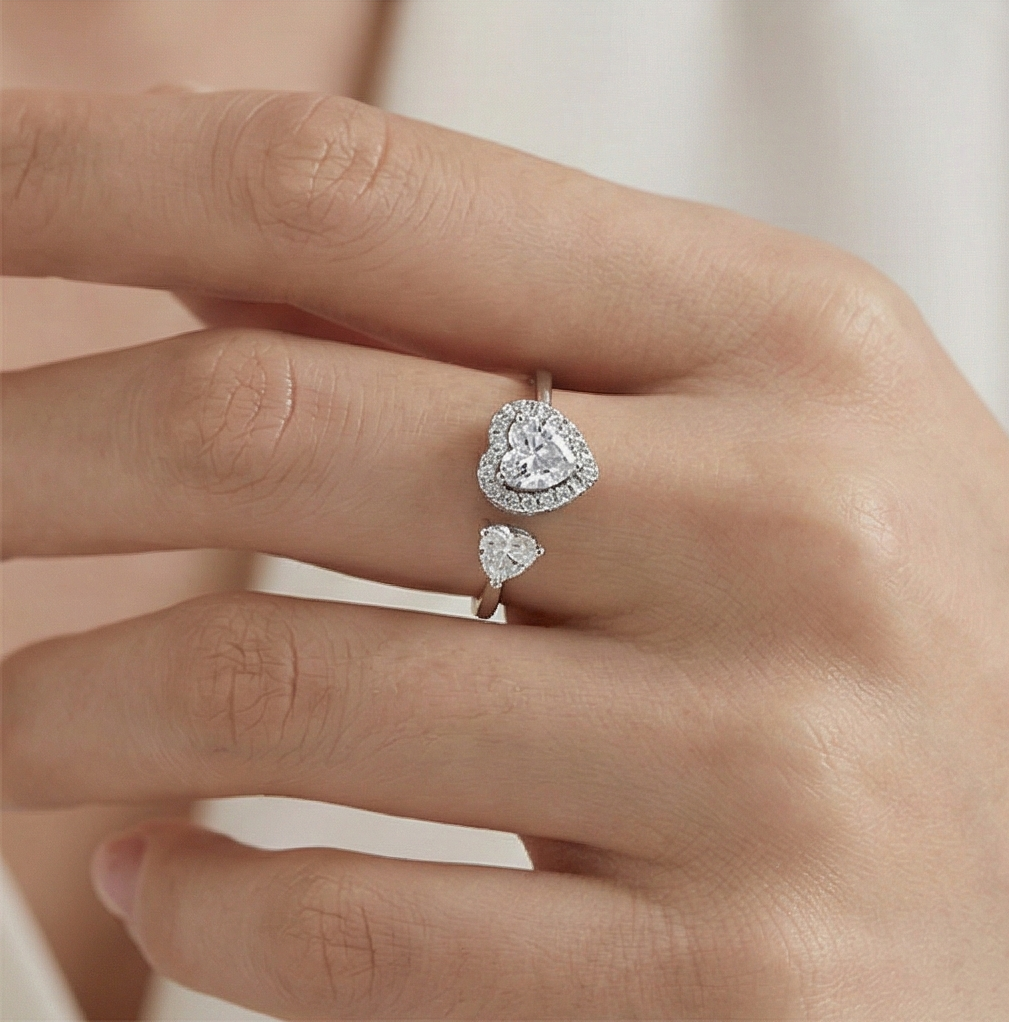 925 Sterling Silver Double Heart Open Ring Adjustable Halo Toi Et Moi Jewellery : AGR550052