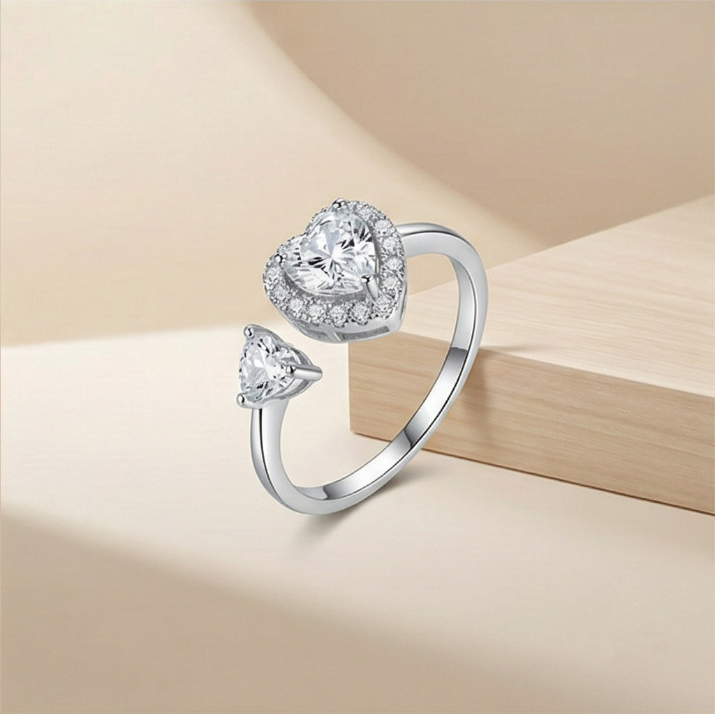 925 Sterling Silver Double Heart Open Ring Adjustable Halo Toi Et Moi Jewellery : AGR550052