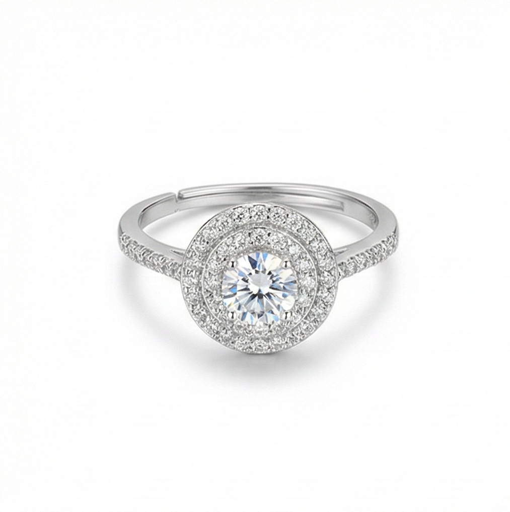925 Sterling Silver Double Halo Solitaire Ring Adjustable Pave Band Engagement Jewellery : AGR850055
