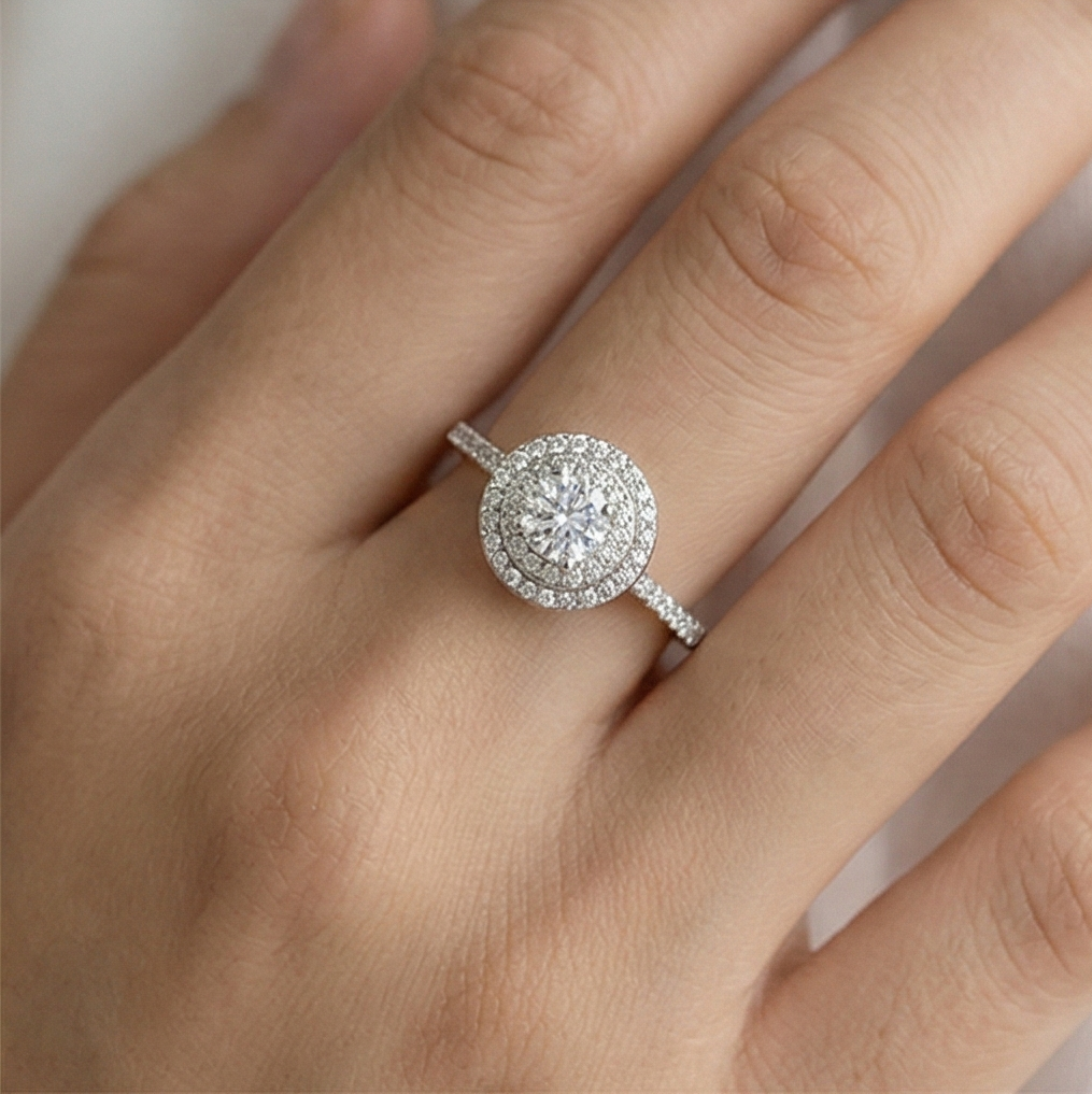 925 Sterling Silver Double Halo Solitaire Ring Adjustable Pave Band Engagement Jewellery : AGR850055