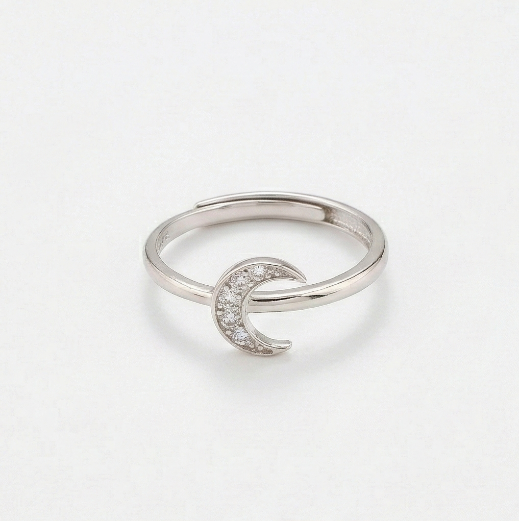 925 Sterling Silver Celestial Crescent Moon Ring For Women, Adjustable Trendy Jewellery : AGRASGH059