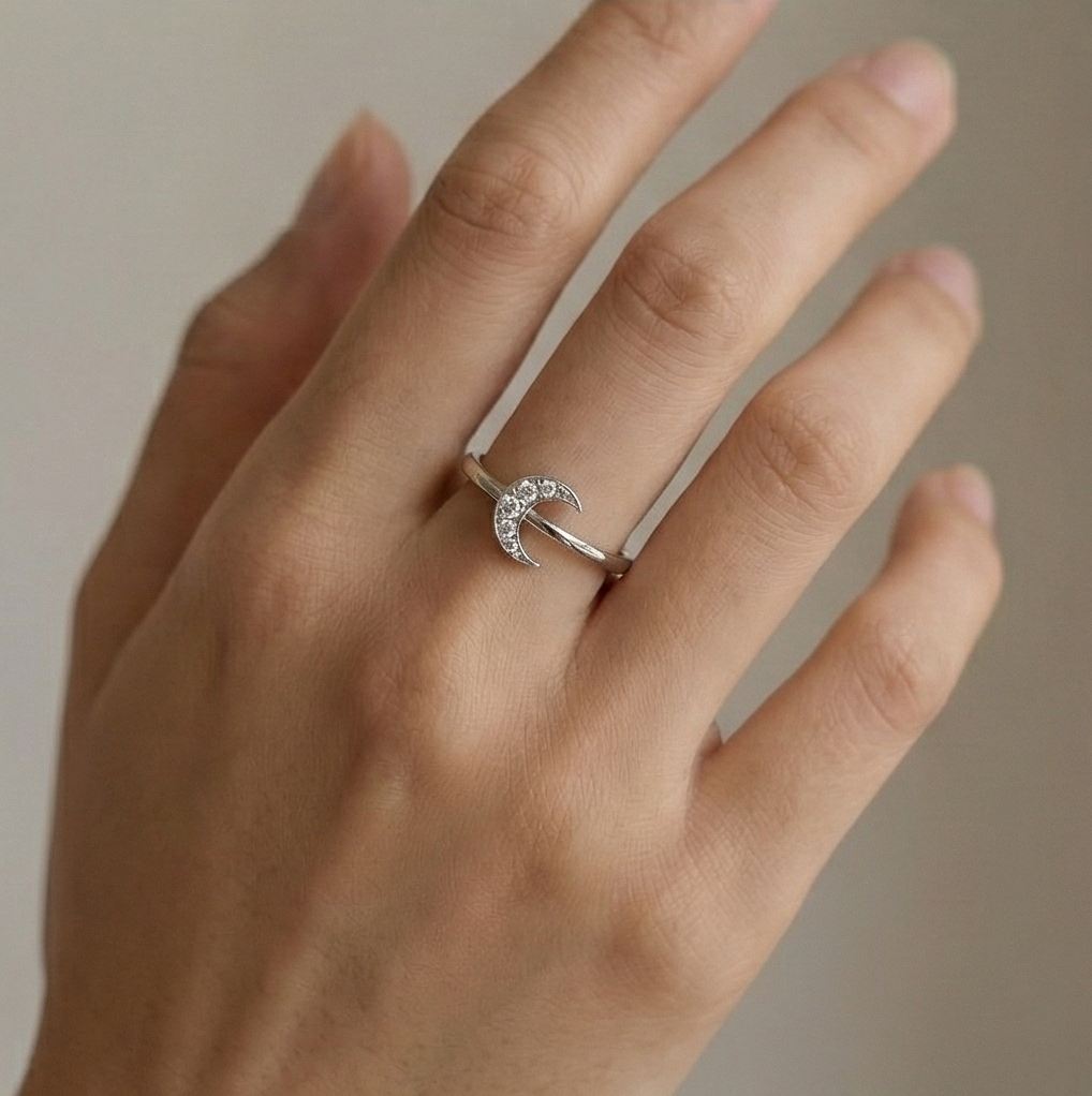 925 Sterling Silver Celestial Crescent Moon Ring For Women, Adjustable Trendy Jewellery : AGRASGH059