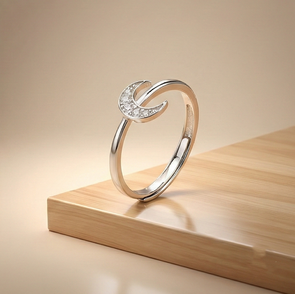 925 Sterling Silver Celestial Crescent Moon Ring For Women, Adjustable Trendy Jewellery : AGRASGH059