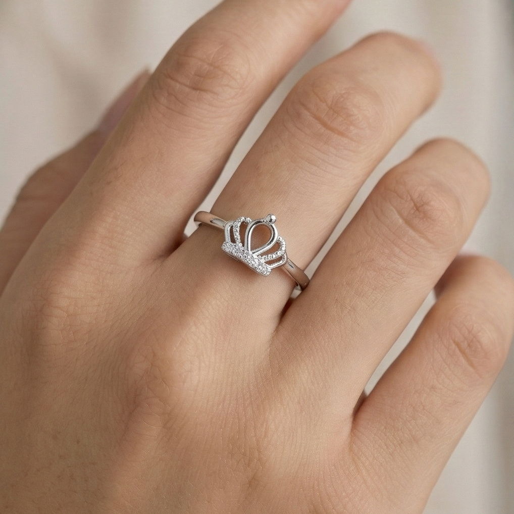 925 Sterling Silver Royal Crown Tiara Adjustable Ring Jewellery For Women : AGRASGH065