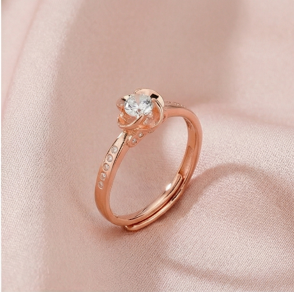 925 Sterling Silver Rose Gold Plated Floral Bloom Adjustable Ring Jewellery For Women : AG02591067