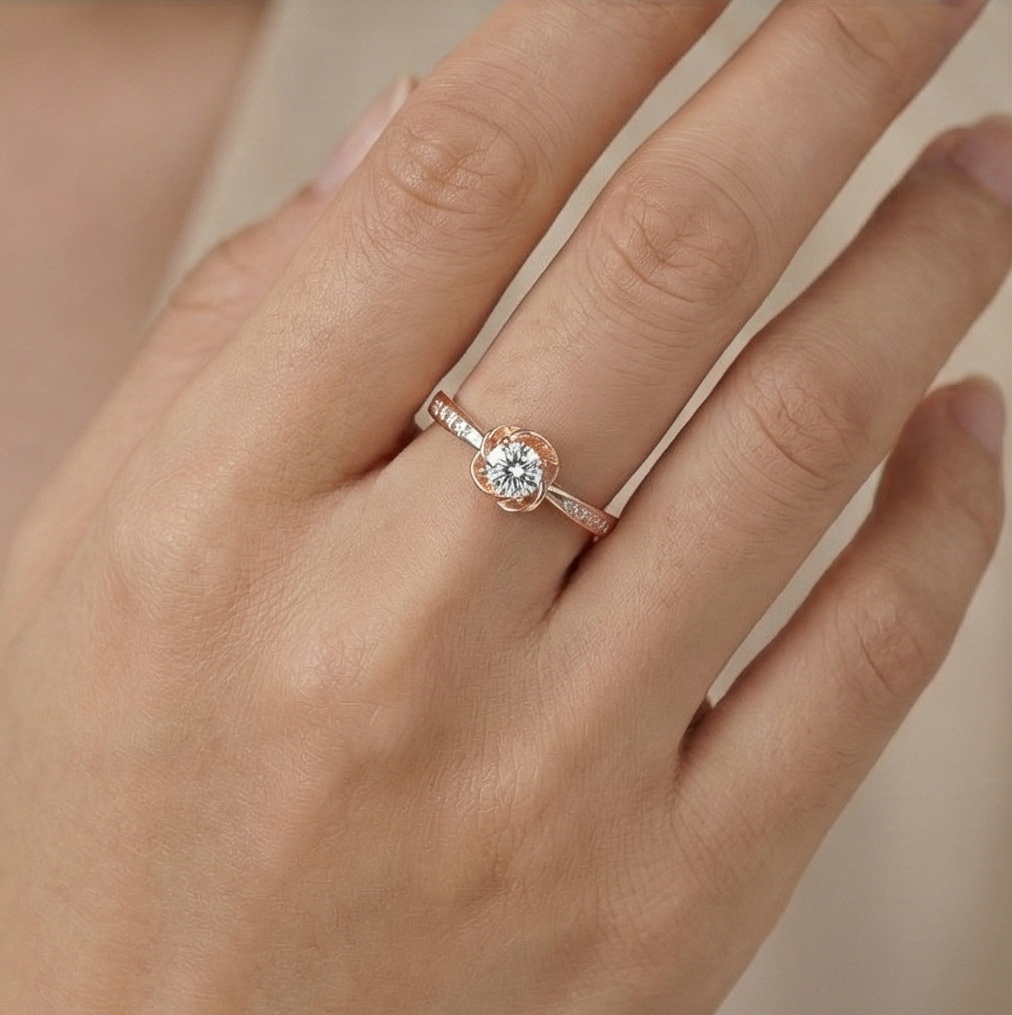 925 Sterling Silver Rose Gold Plated Floral Bloom Adjustable Ring Jewellery For Women : AG02591067