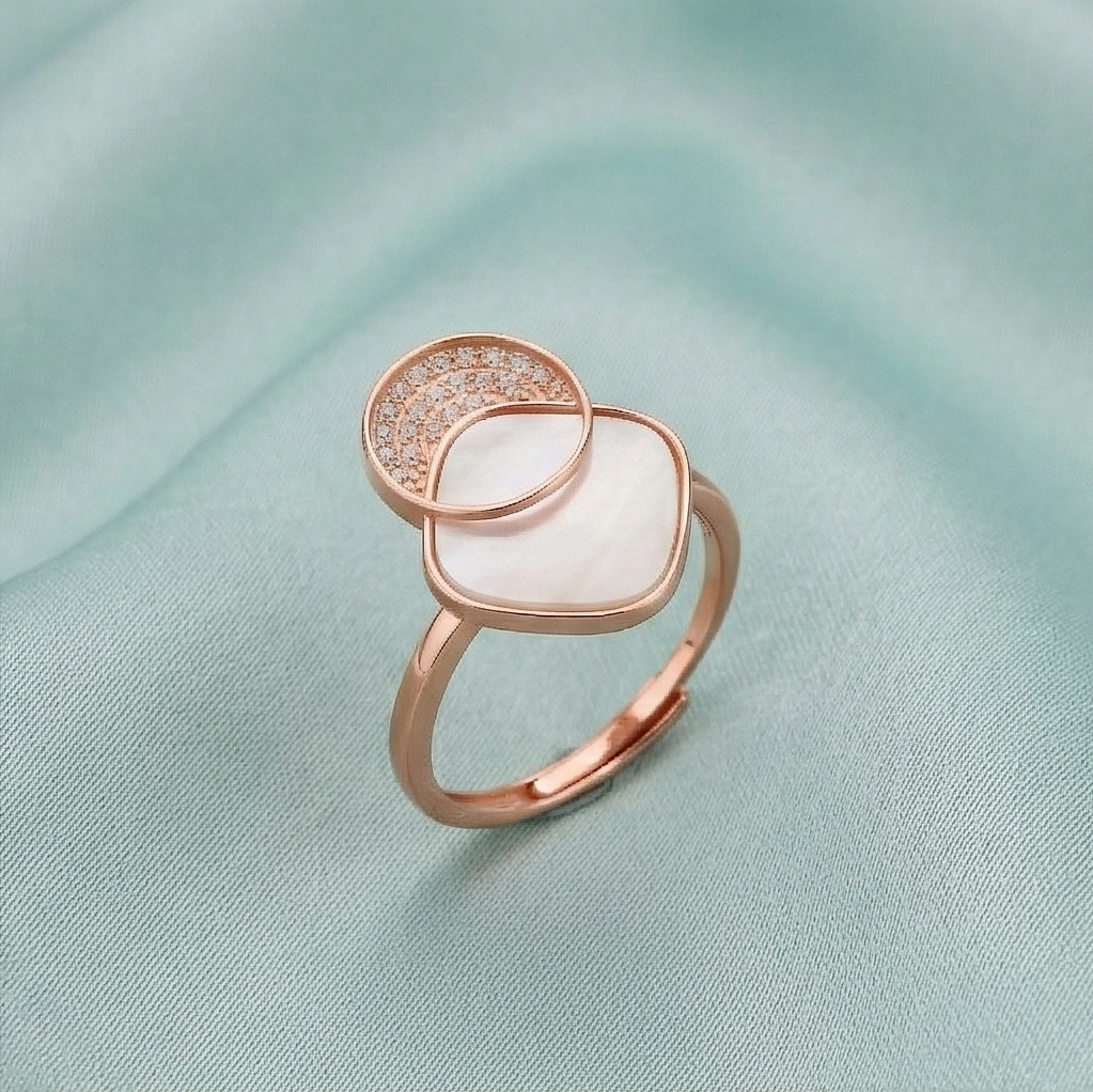 925 Sterling Silver Geometric Mother Of Pearl Ring Jewellery For Women - Rose Gold Plated : AG06437072