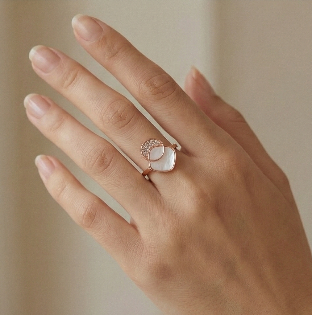 925 Sterling Silver Geometric Mother Of Pearl Ring Jewellery For Women - Rose Gold Plated : AG06437072