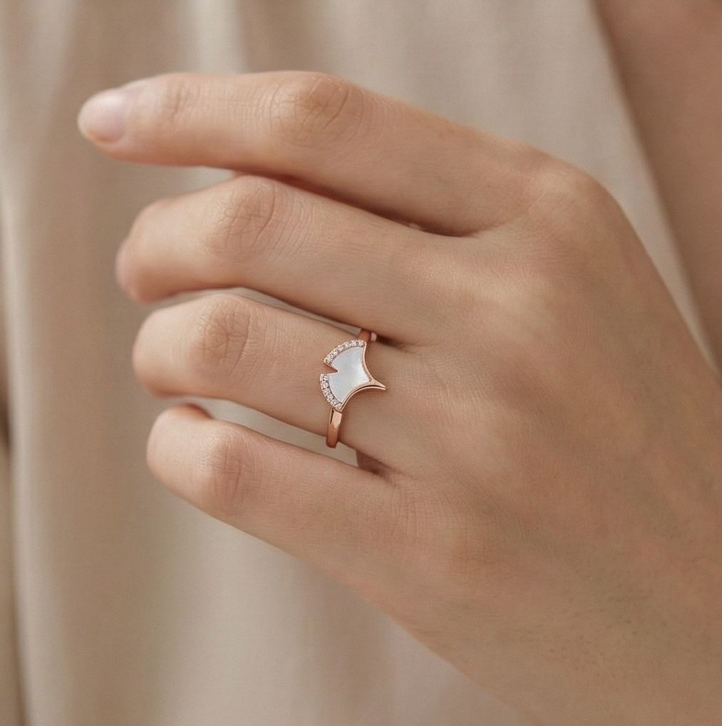 925 Sterling Silver Gingko Leaf Mother Of Pearl Ring Jewellery For Women - Rose Gold Plated : AG06418074