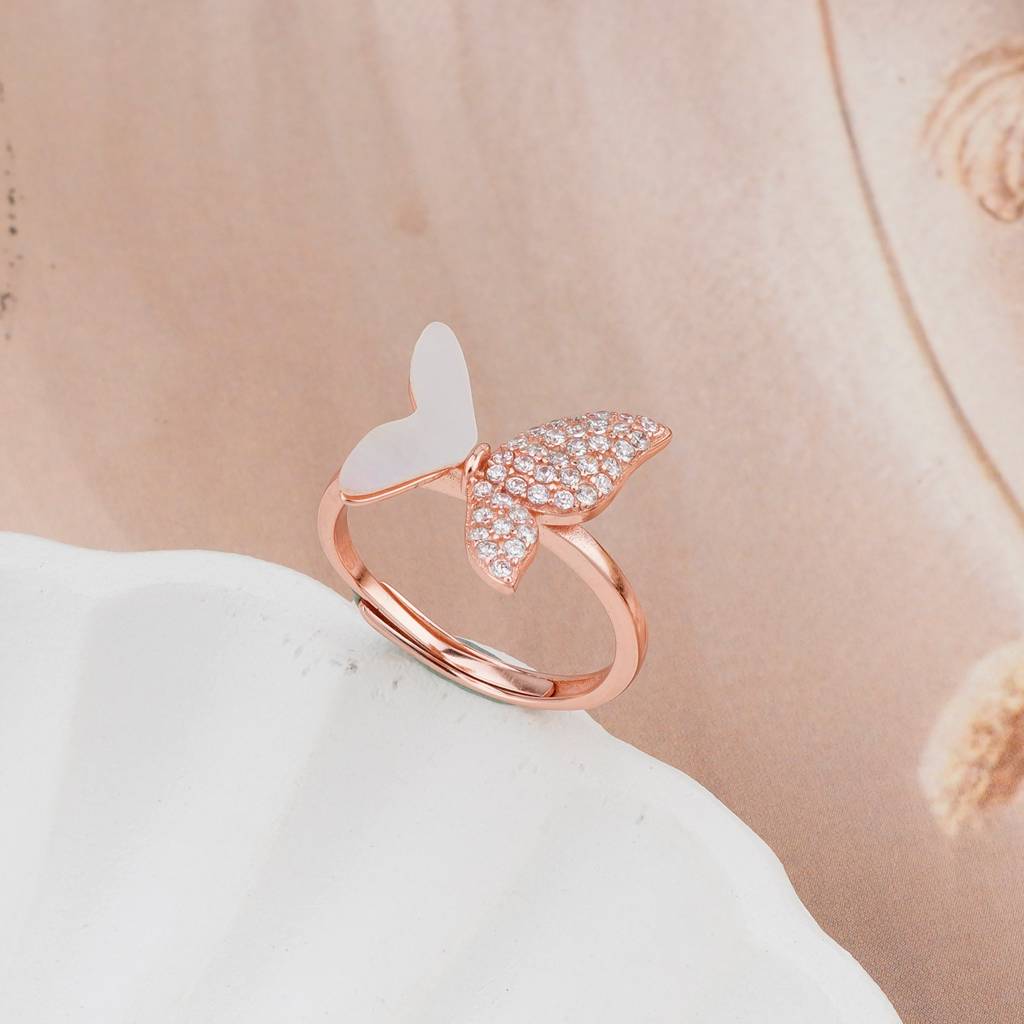 925 Sterling Silver Enamel Inlay Butterfly Design Ring Jewellery For Women With Rose Gold Finish : AG06445078