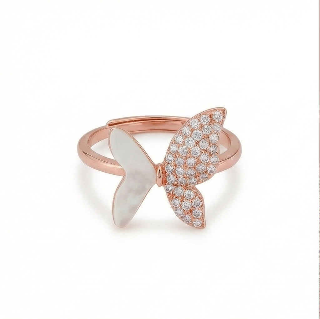 925 Sterling Silver Enamel Inlay Butterfly Design Ring Jewellery For Women With Rose Gold Finish : AG06445078