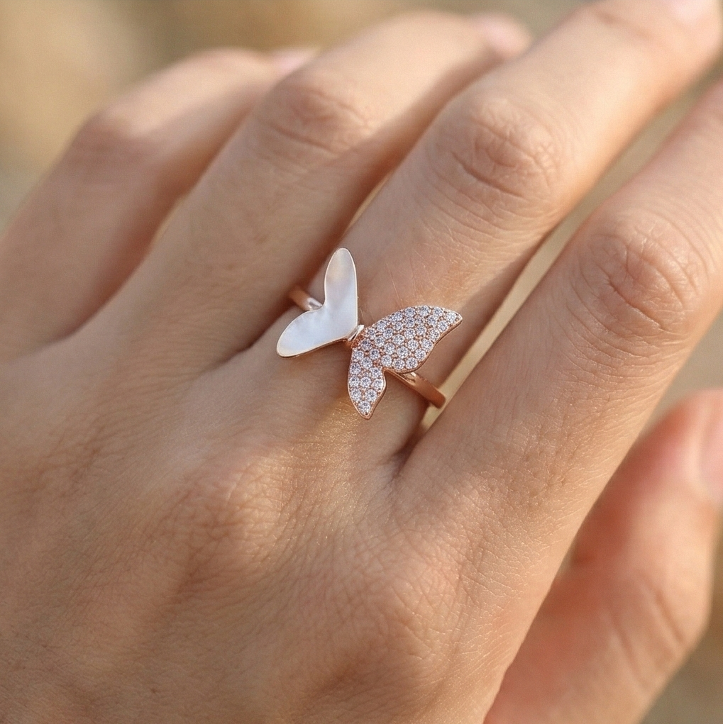 925 Sterling Silver Enamel Inlay Butterfly Design Ring Jewellery For Women With Rose Gold Finish : AG06445078