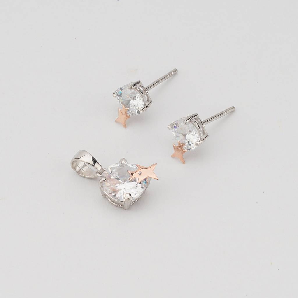 925 Sterling Silver Solitaire Pendant & Earrings Set With Rose Gold Star Jewellery For Women - Dual Tone Finish : AG02680079