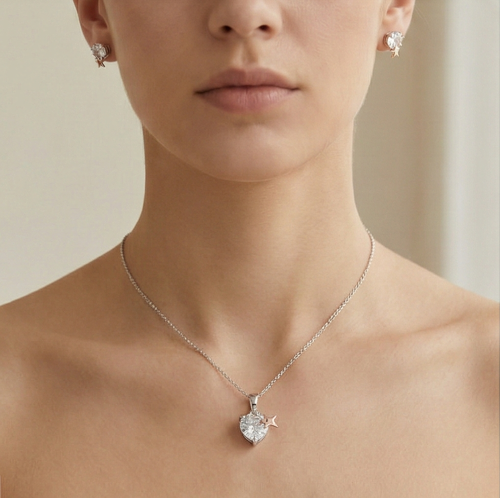 925 Sterling Silver Solitaire Pendant & Earrings Set With Rose Gold Star Jewellery For Women - Dual Tone Finish : AG02680079